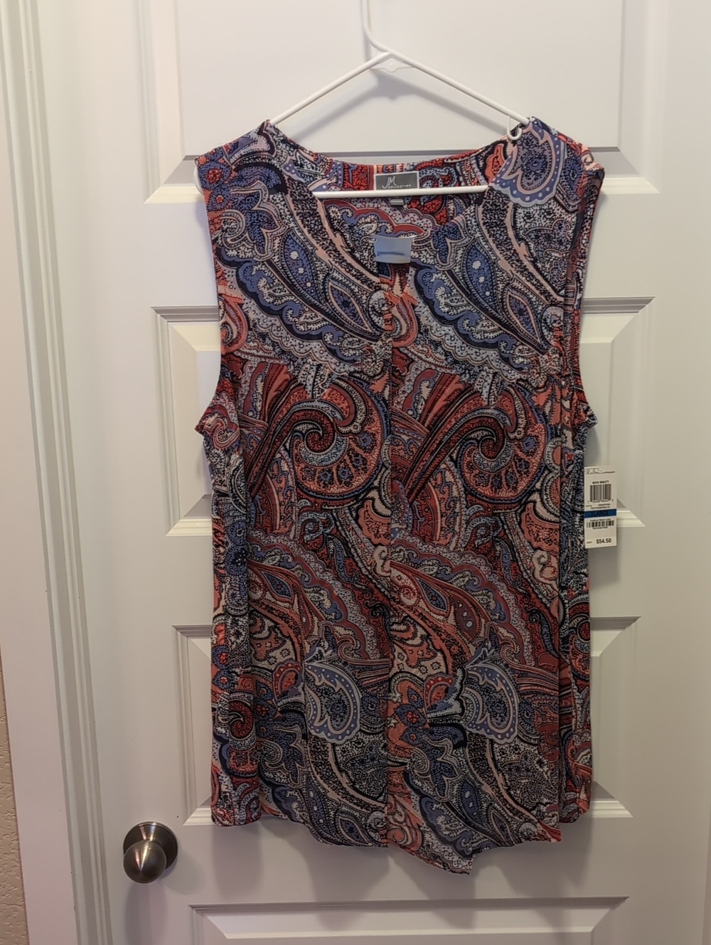 JM Collection Sleeveless Paisley Tank in Coral and Navy